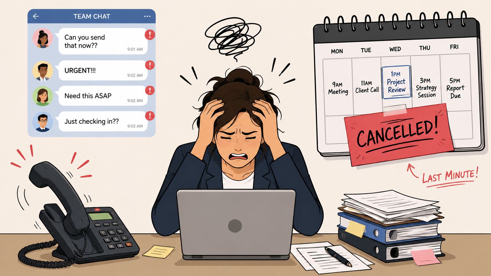 Une employée stressée devant un ordinateur avec de nombreuses demandes, rendez-vous et une réunion annulée au bureau.