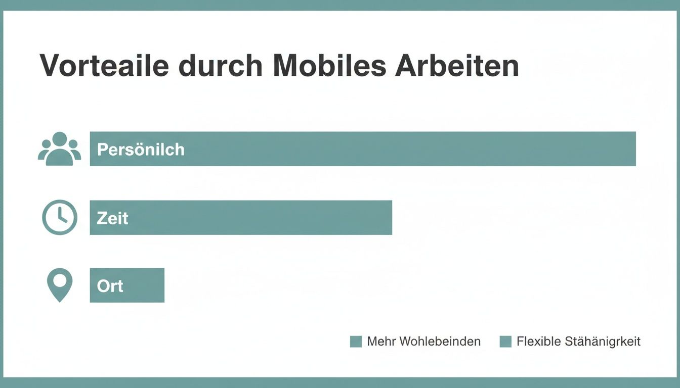 Balkendiagramm über die Vorteile mobilen Arbeitens, unterteilt in Persönlich, Zeit und Ort.