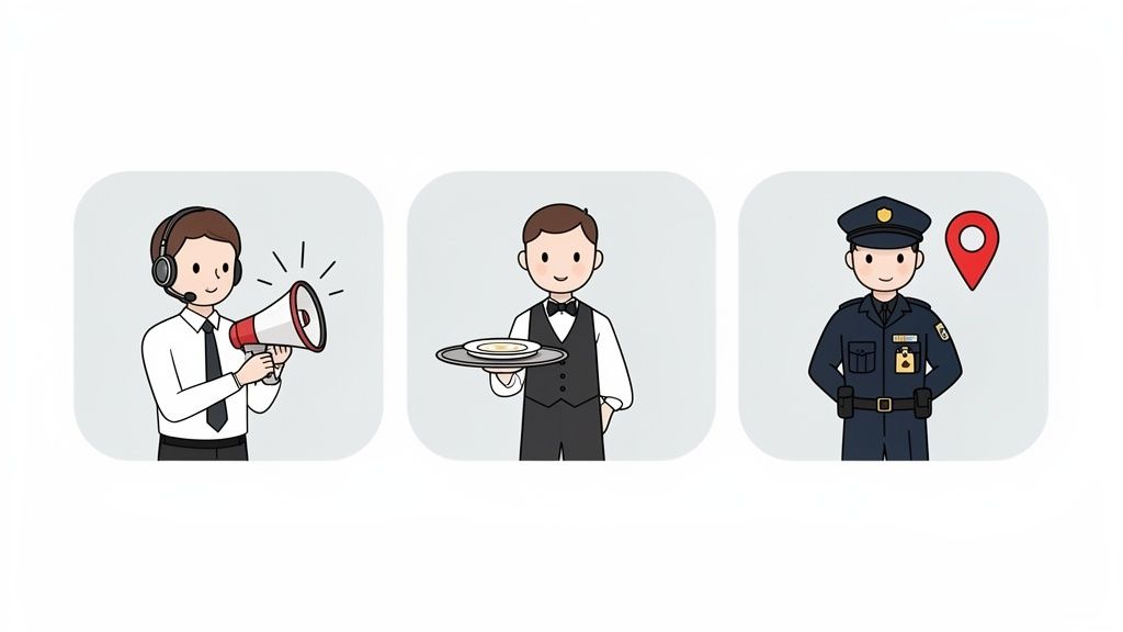 Drei illustrierte Personen: Kundendienstmitarbeiter, Kellner und Polizist, die verschiedene Berufe darstellen.