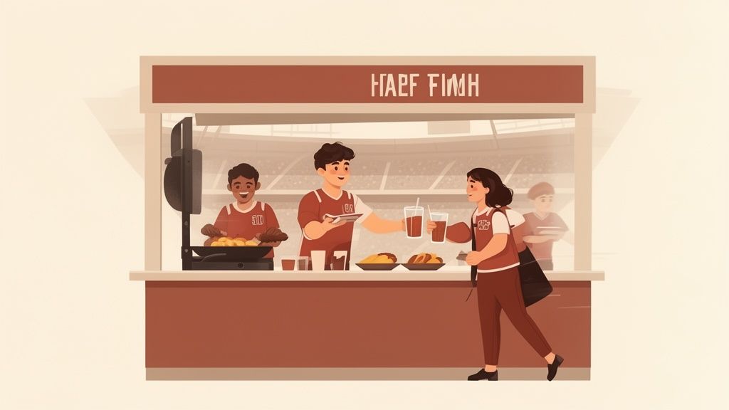 Junge Mitarbeiter an einem Gastronomiestand in einem Stadion bedienen eine Kundin mit Essen und Getränken.