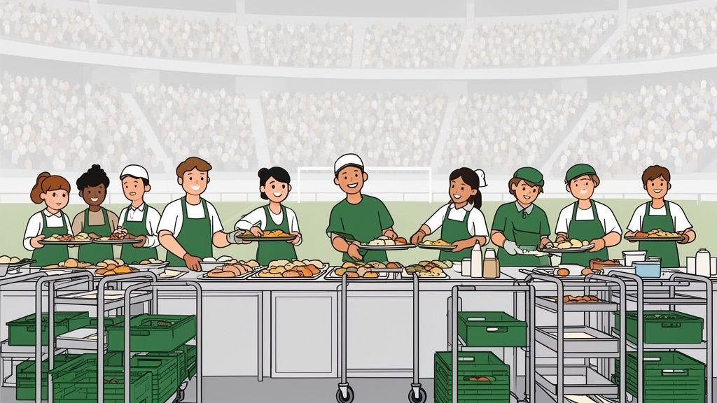 Ein vielfältiges Gastroteam serviert Mahlzeiten auf Tabletts in einem belebten Stadion.