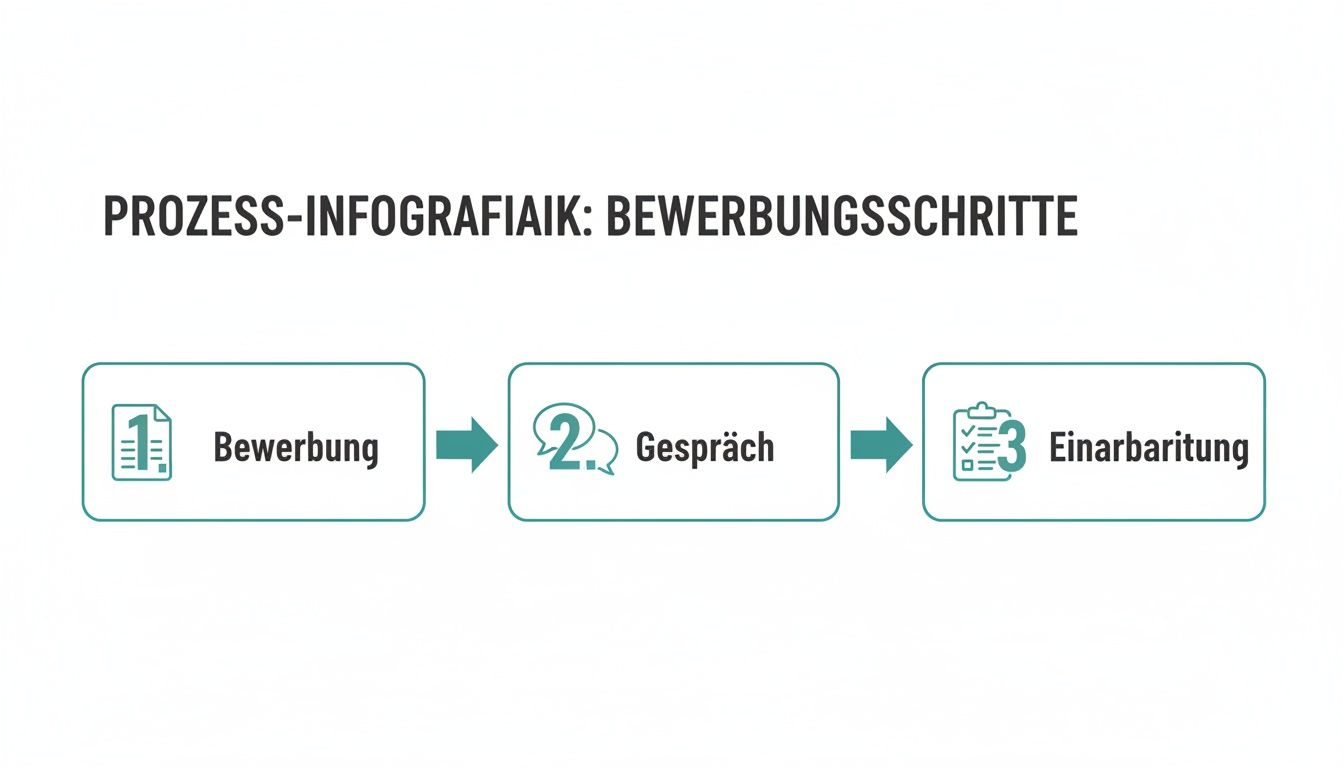 Prozess-Infografik zu Bewerbungsschritten: Bewerbung, Gespräch, Einarbeitung.