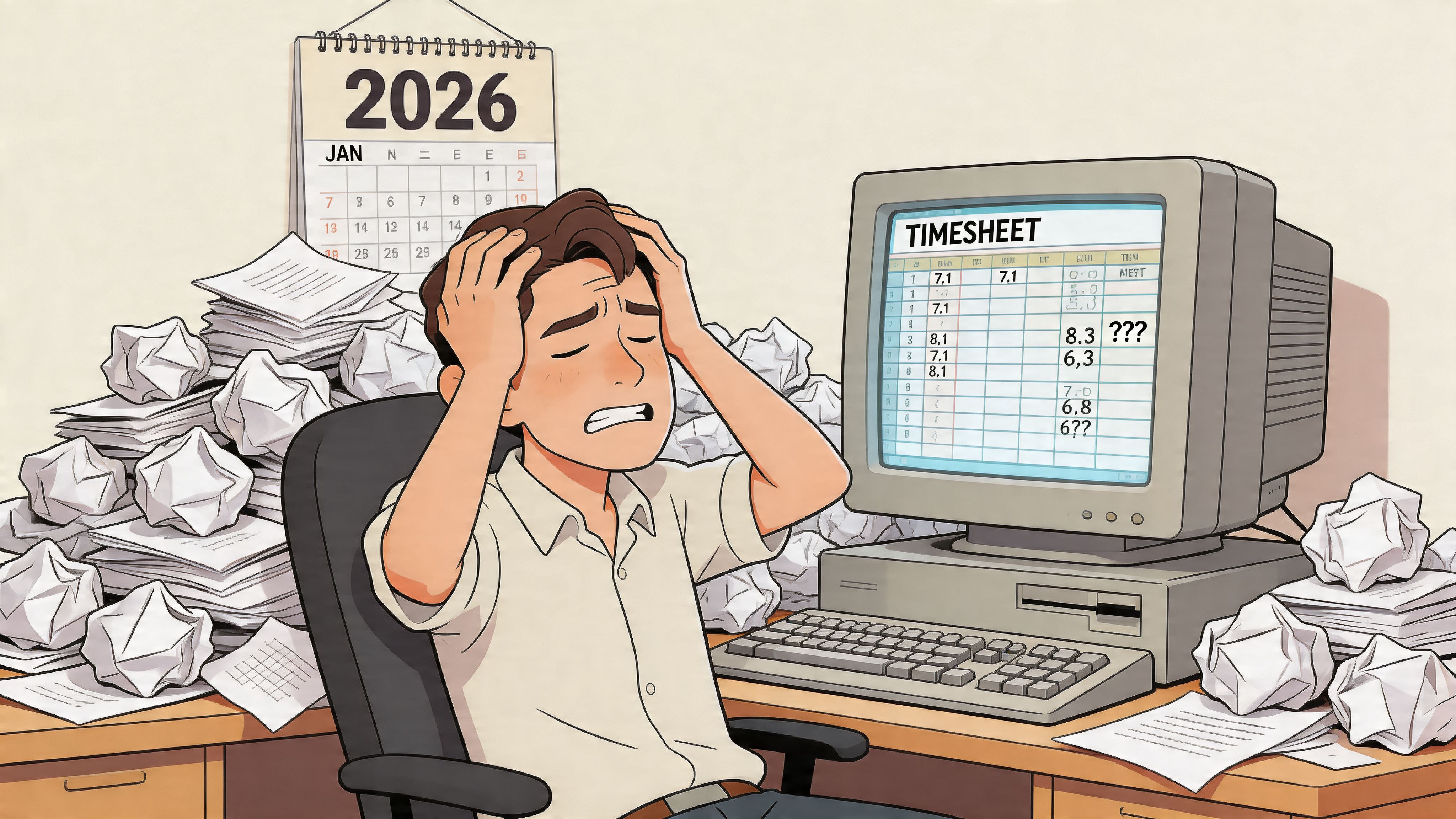 Un collaboratore stressato davanti al computer alle prese con la rilevazione presenze digitale.