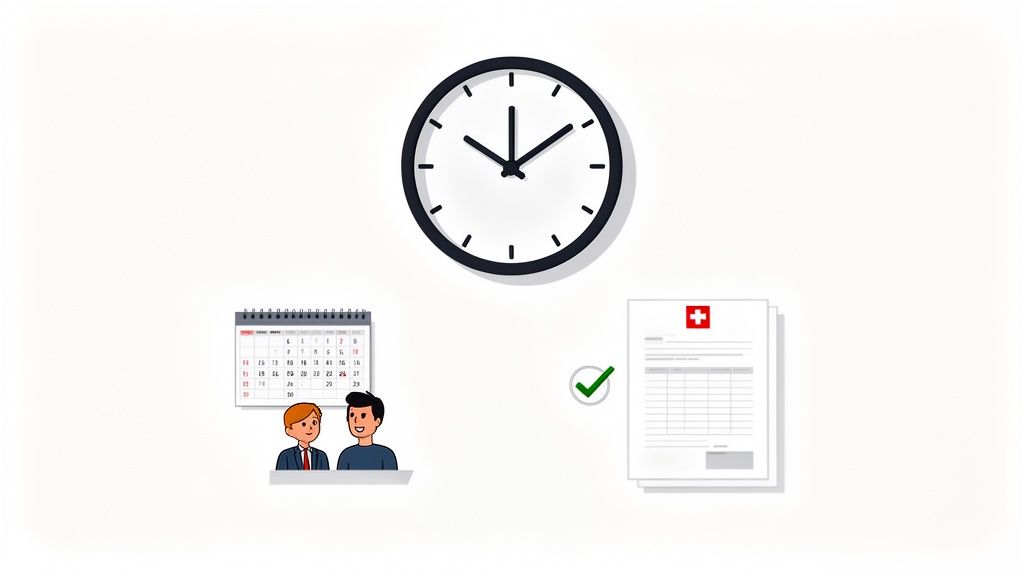 Uhr, Kalender mit Mitarbeitern und Dokumente mit Check symbolisieren Zeiterfassung und administrative Abläufe.