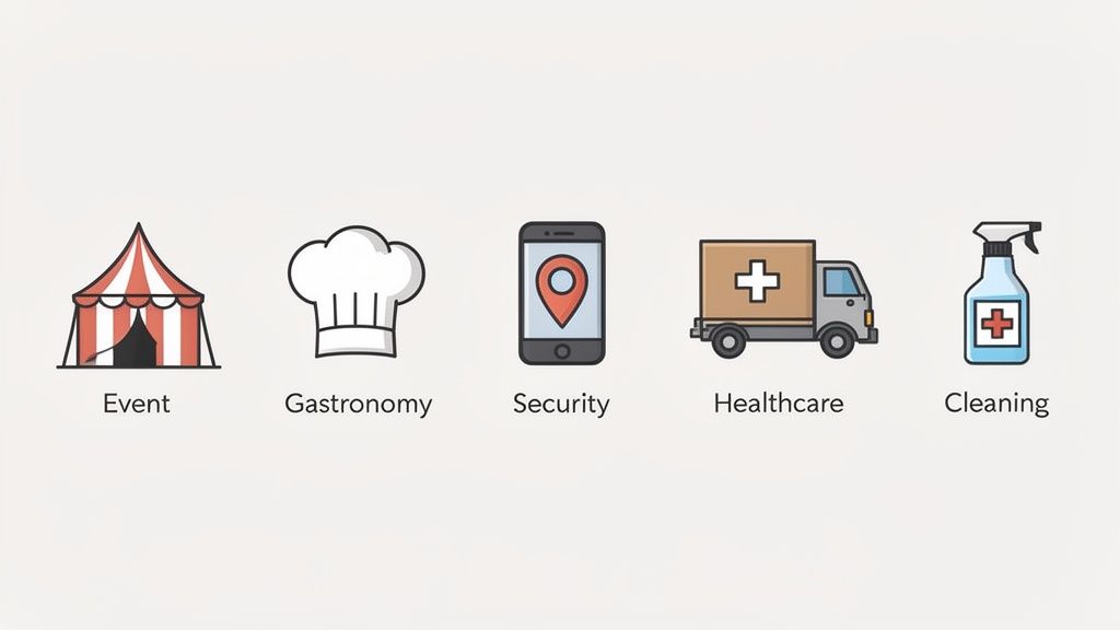 Fünf Piktogramme für verschiedene Branchen: Event, Gastronomie, Sicherheit, Gesundheitswesen, Reinigung.
