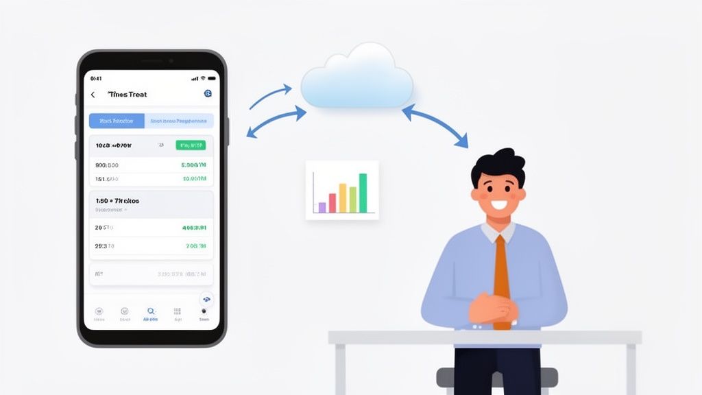 Ein Smartphone zeigt eine App zur Zeiterfassung, die mit einer Cloud und einem lächelnden Mitarbeiter verbunden ist.