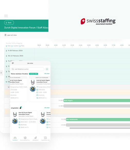 job.rocks Webplattform mit Mitarbeiter-App und swissstaffing Badge
